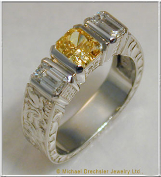 Hand Engraved Yellow and White Diamond Ring